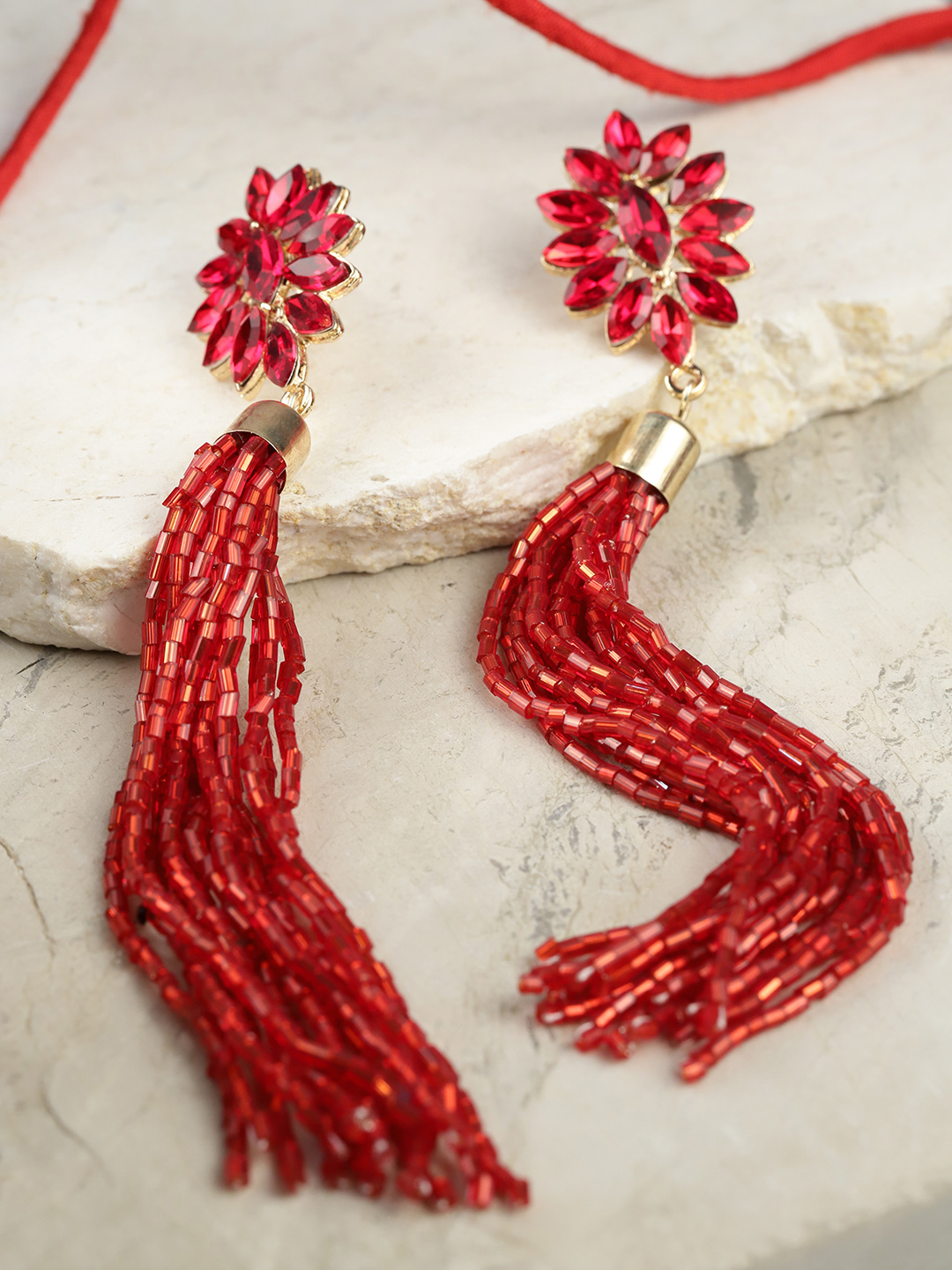 YouBella Red Gold-Plated Tasselled Contemporary Drop Earrings